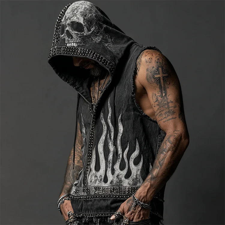 Men's Skull & Flame Rock Studded Hooded Linen Tank