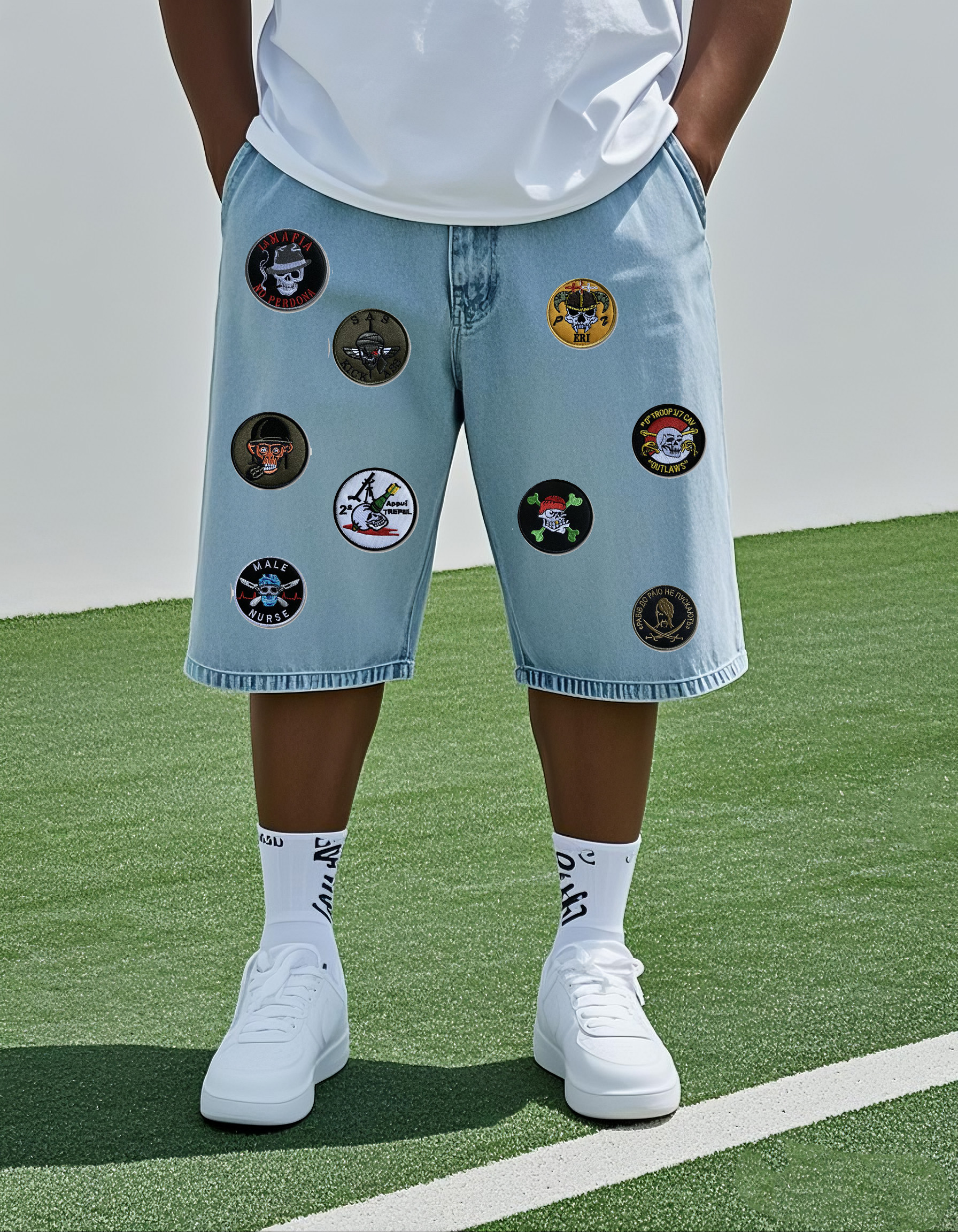 Big & Tall Men's Y2K Fashion Street Skull Stickers Hot Pants Jeans