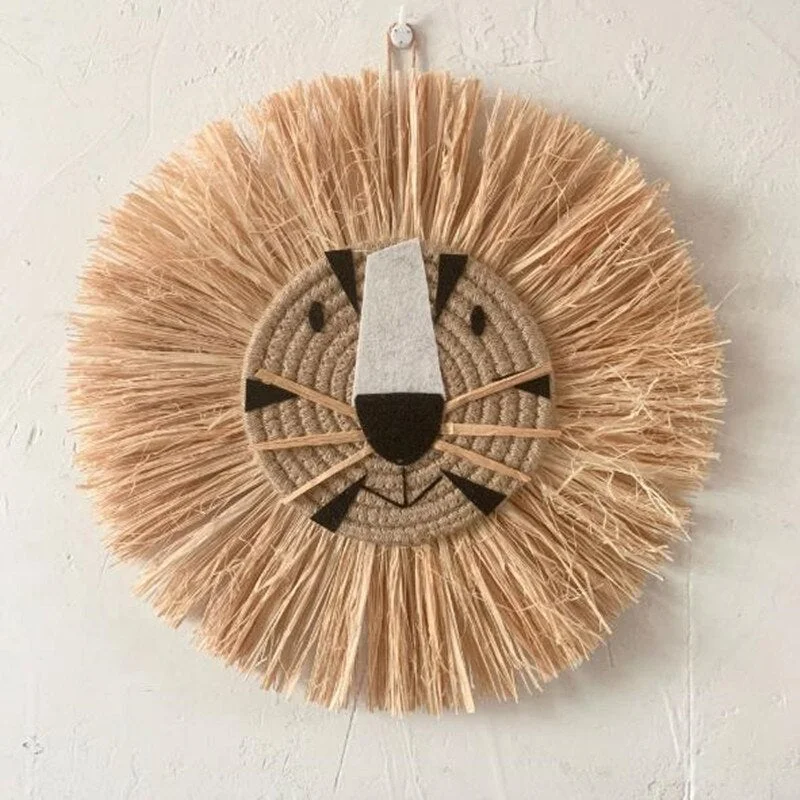 INS Noridc Hand Woven Straw Lion Tiger Wall Hanging Decor Cartoon Animal Ornaments For Baby Bed Kids Room Decoration Photo Props