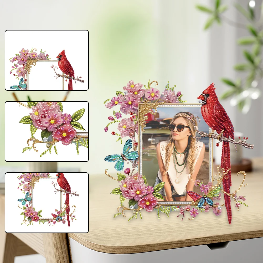 5D DIY Cardinal and Flower Acrylic Special Shape Diamond Painting Picture Frame