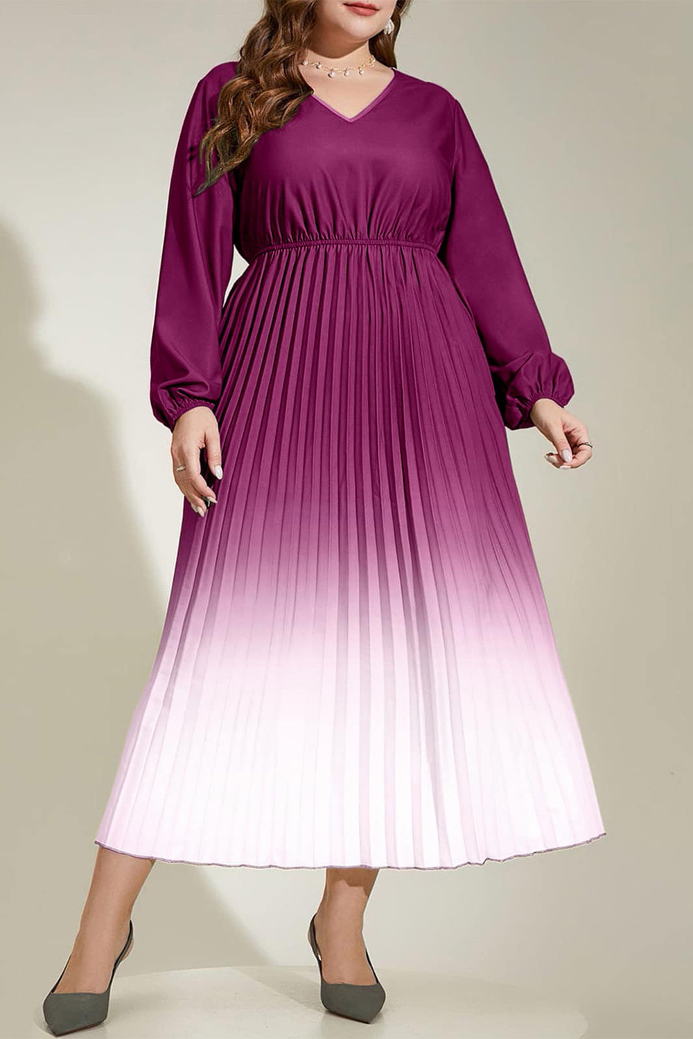 Plus Size Everyday Purple Gradient Lantern Sleeve Pleated Tea-Length Dress