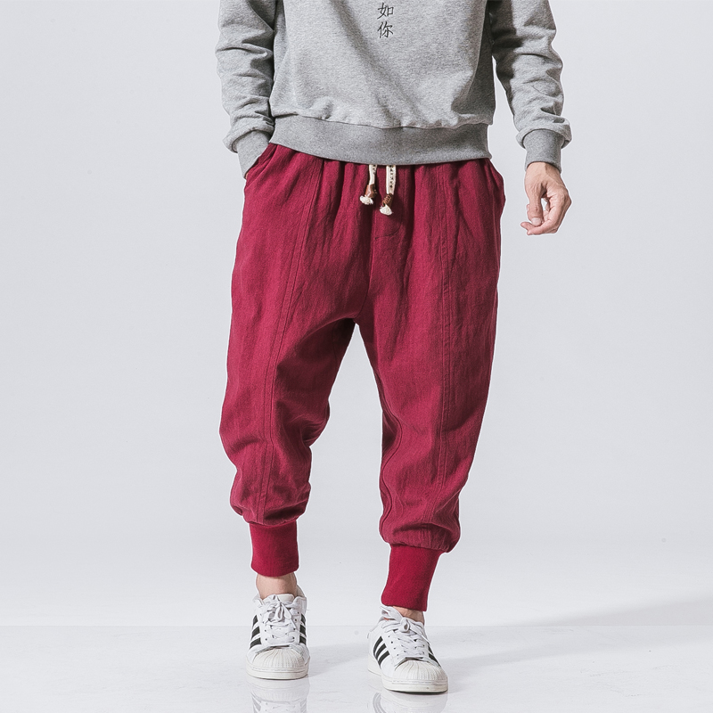 Chinese Style Harem Pants Men Streetwear Casual Joggers Mens Pants Cotton Linen Sweatpants Ankle-length Men Trousers 2025 New