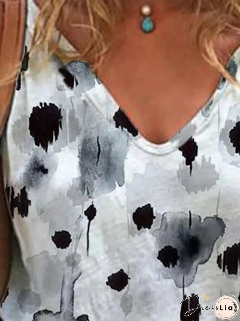 Short Sleeve V-neck Printed Loose T-shirt for Women