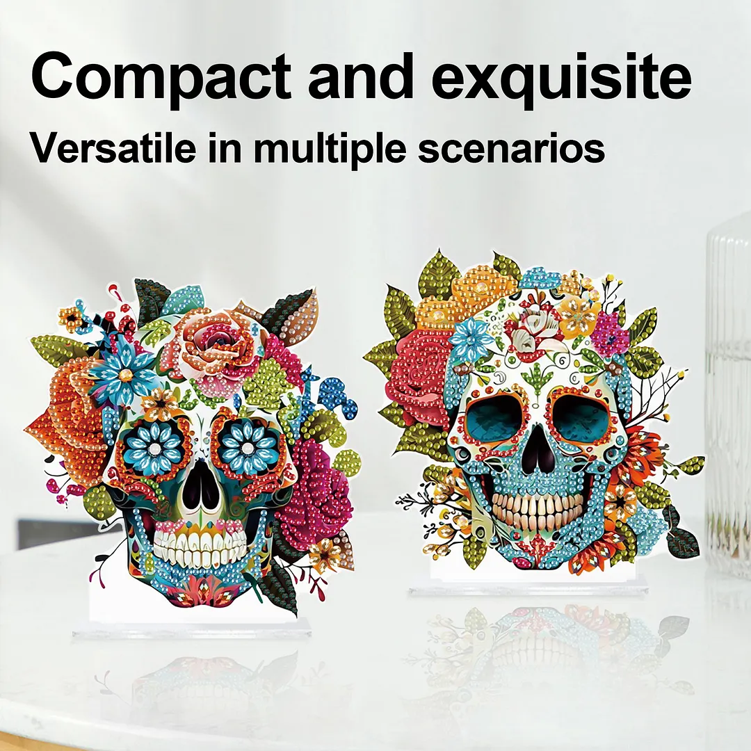 2Pcs DIY Diamond Art Tabletop Ornaments Reusable Special Gem Rhinestone Mosaic Craft Multi-Purpose Diamonds Art Suncatchers Flowers Gift for Craft Lovers (Flowers Skulls)
