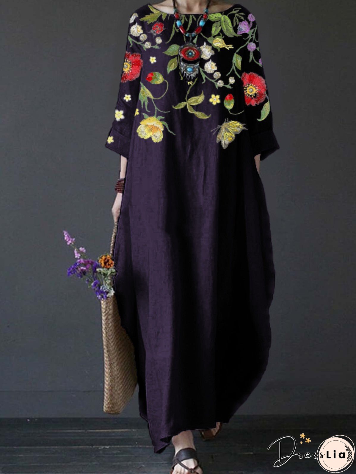 Summer Feminine Style Long Dress Round Neck Vintage Sweet Print Art Dress 3/4 Sleeve