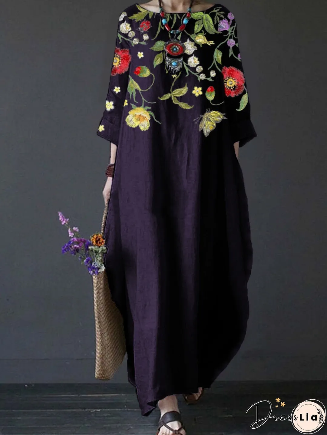 Summer Feminine Style Long Dress Round Neck Vintage Sweet Print Art Dress 3/4 Sleeve