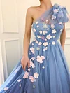 Powder Blue One Shoulder Prom Dress Pink 3D Flower Embellished Tulle A Line Ball Gown Long Evening Robe Bridesmaids Dresses Sweetheart Neck