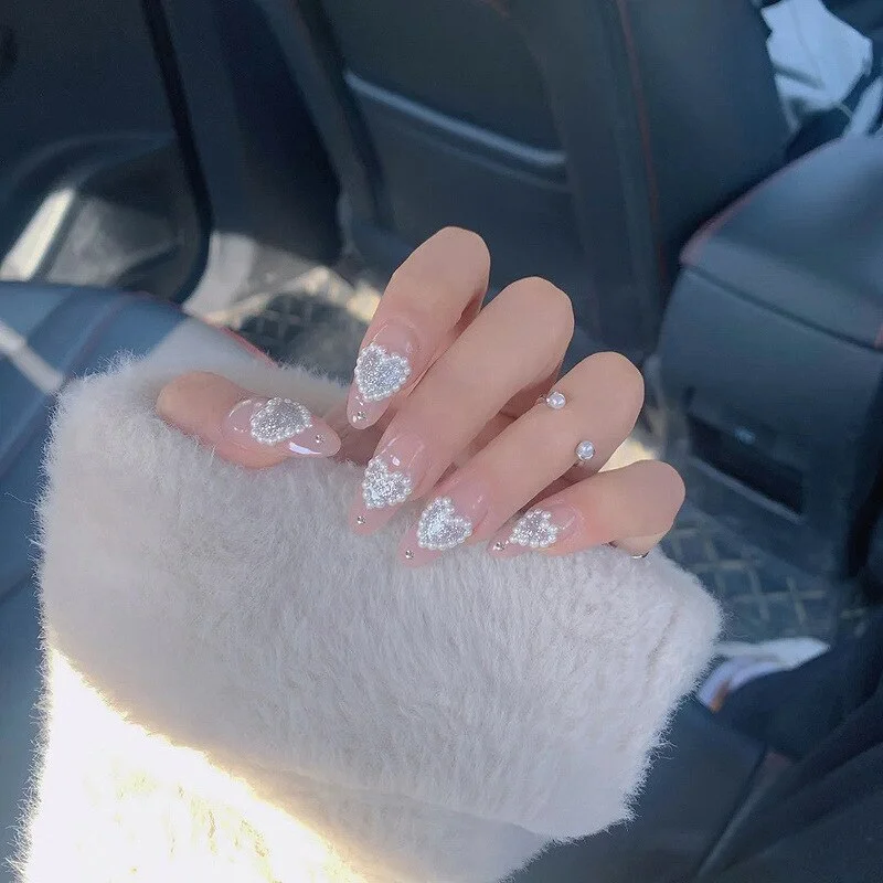 Churchf Rhinestone Ballerina False Nails about Heart Bear Design Detachable Long Coffin Fake Nails Press on Nails Tips Art-Nail Inspo