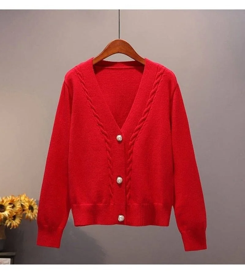 Sweater Cardigan Women Autumn New V Neck Pearl Single Breasted Loose Short Thicken Sweater Sweet Long Sleeve Knitted Top 16969