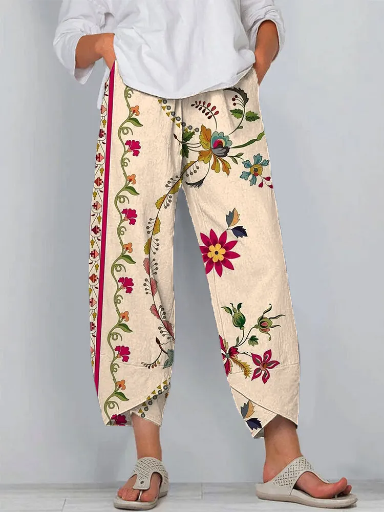 Women's Floral Art Print Cotton And Linen Casual Pants