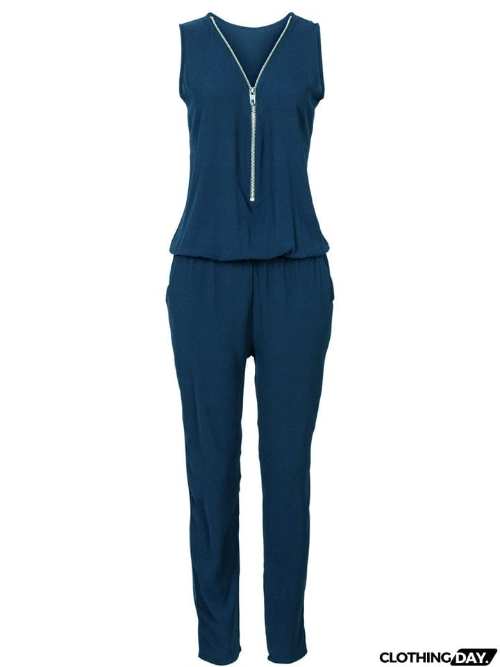 Pretty Sexy Zipper Sleeveless Solid Color Jumpsuit