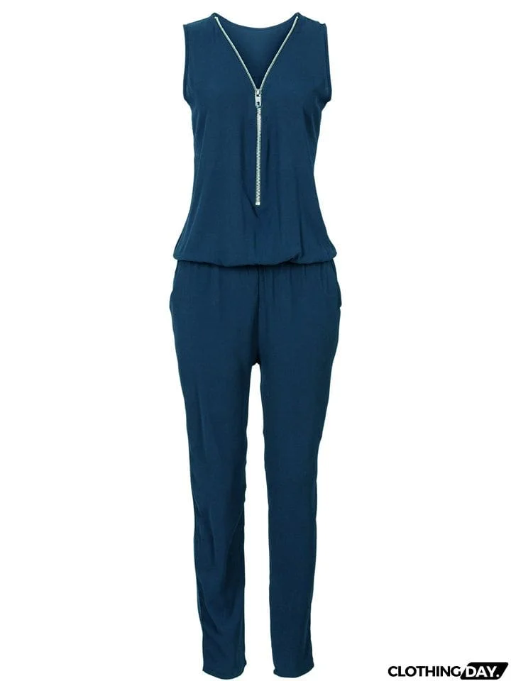 Pretty Sexy Zipper Sleeveless Solid Color Jumpsuit