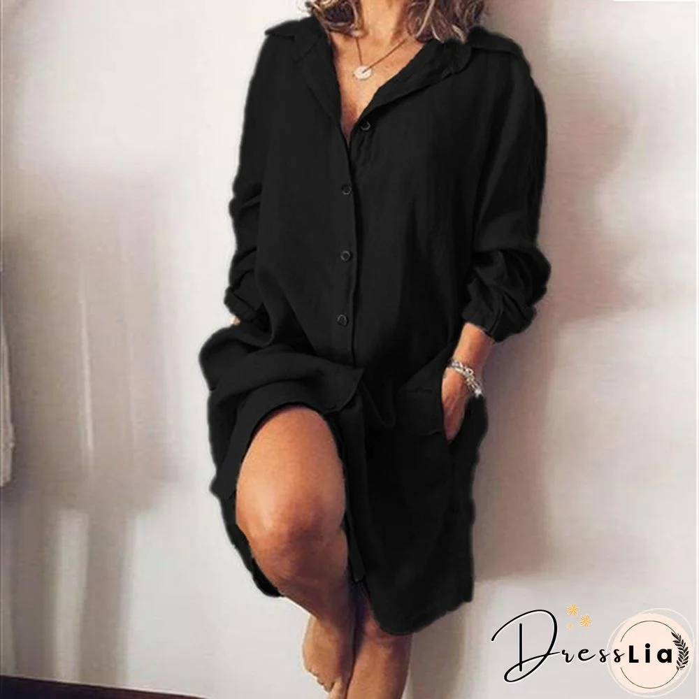 Women Turn-down Collar Long Sleeve Tunic Tops Long Blouse Button Down Mini Shirt Dress
