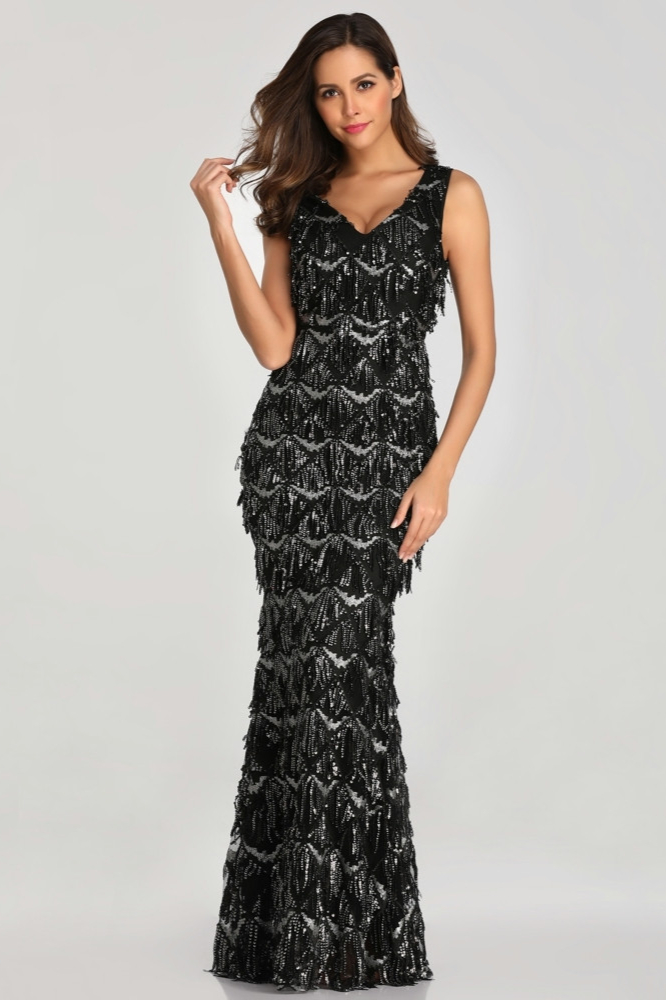 Glamorous V-Neck Sequins Tassels Prom Dress Long Mermaid Evening Gowns - lulusllly