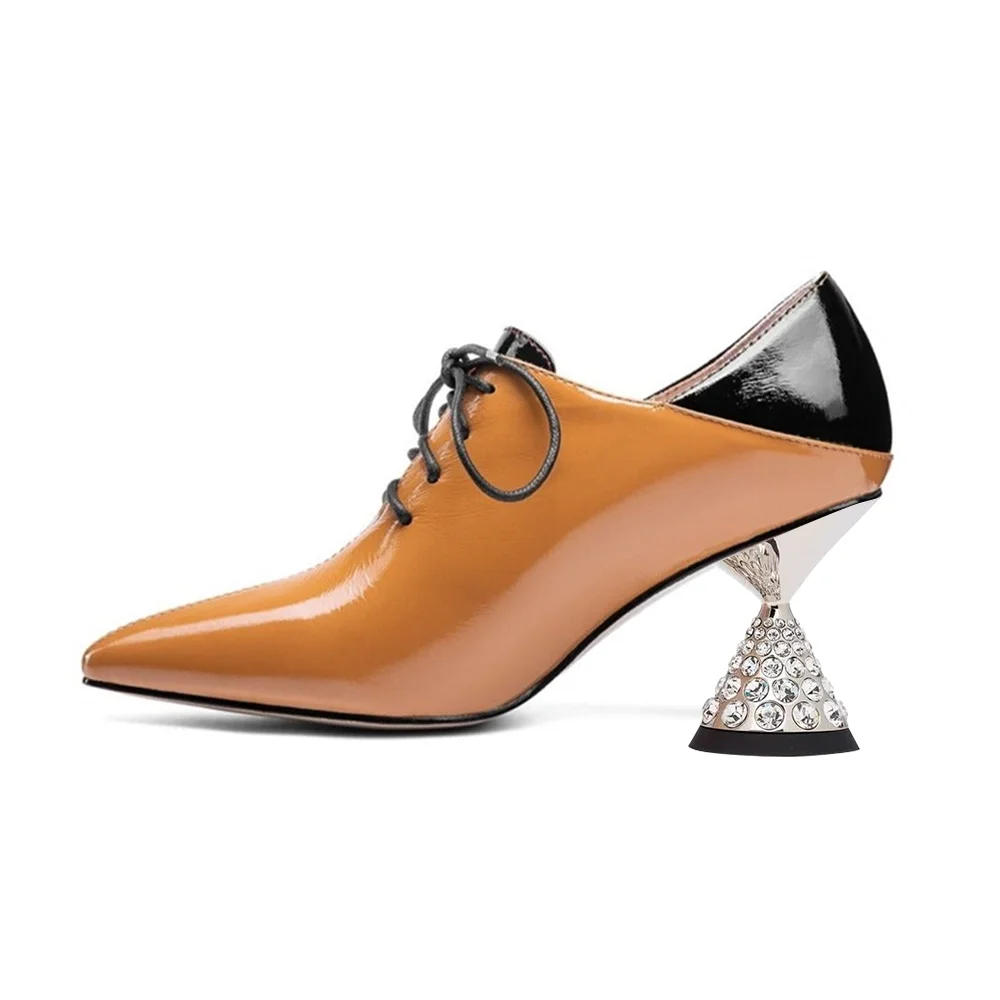 Black & Brown Patent Leather Pointed Toe Lace Up Oxford Shoes With Decorative Heels Nicepairs