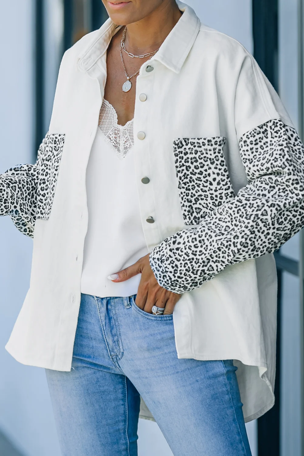 White Contrast Leopard Denim Jacket | IFYHOME
