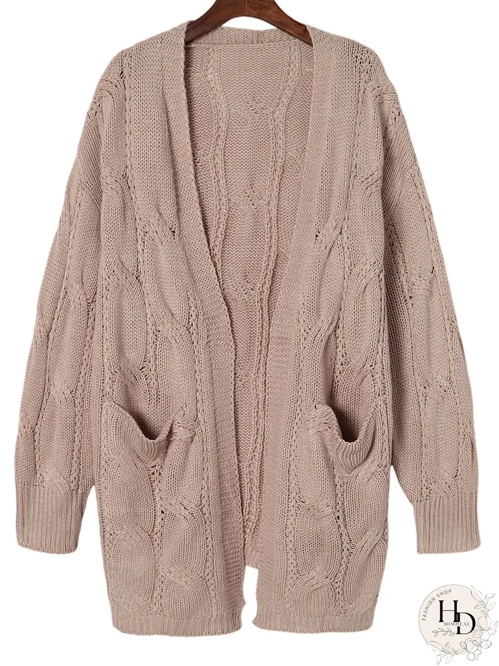 Apricot Eyelet Cable Knit Cardigan with Ribbed Trim