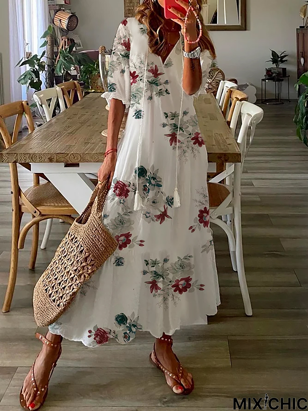 Women's A Line Dress Maxi Dress Casual V neck Floral Short Sleeve Loosen Dress