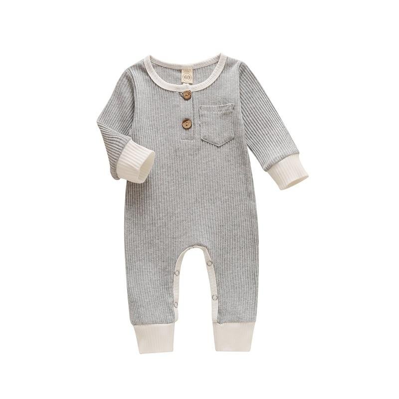 Baby Boys Girls Ribbed Long Sleeve Solid One-piece Garment Round Neck and Button Crotch Jumpsuit with Patchwork Pockets in Front