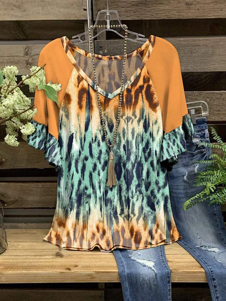 Women's V-Neck Yellow Green Patchwork Leopard Print Short Sleeve Top