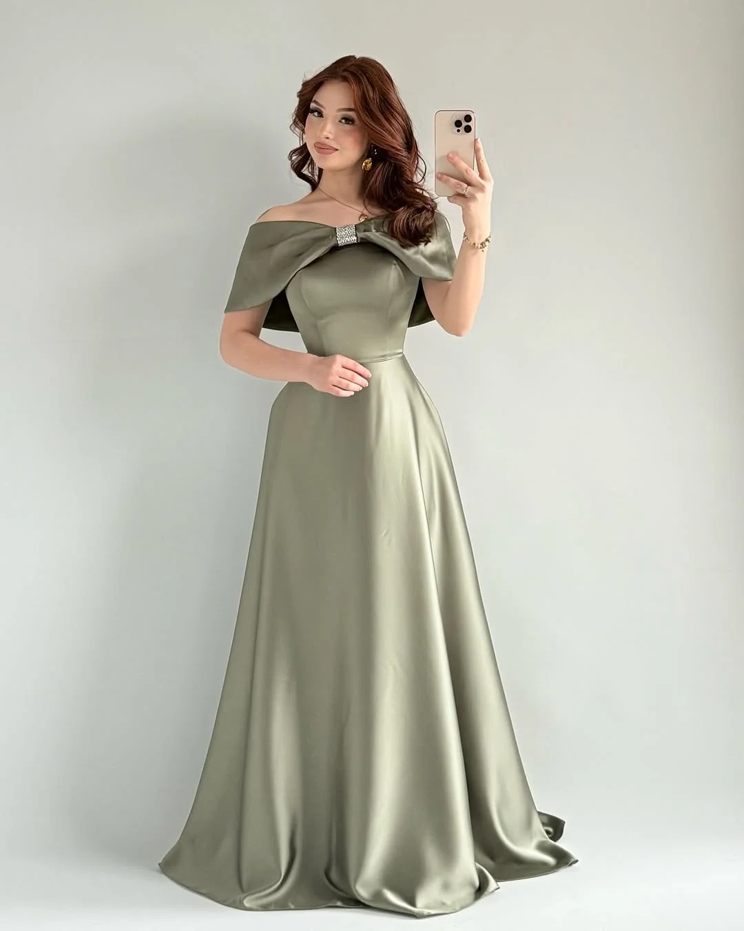 Soft Green Off-The-Shoulder A-Line Satin Prom Dress YK0263
