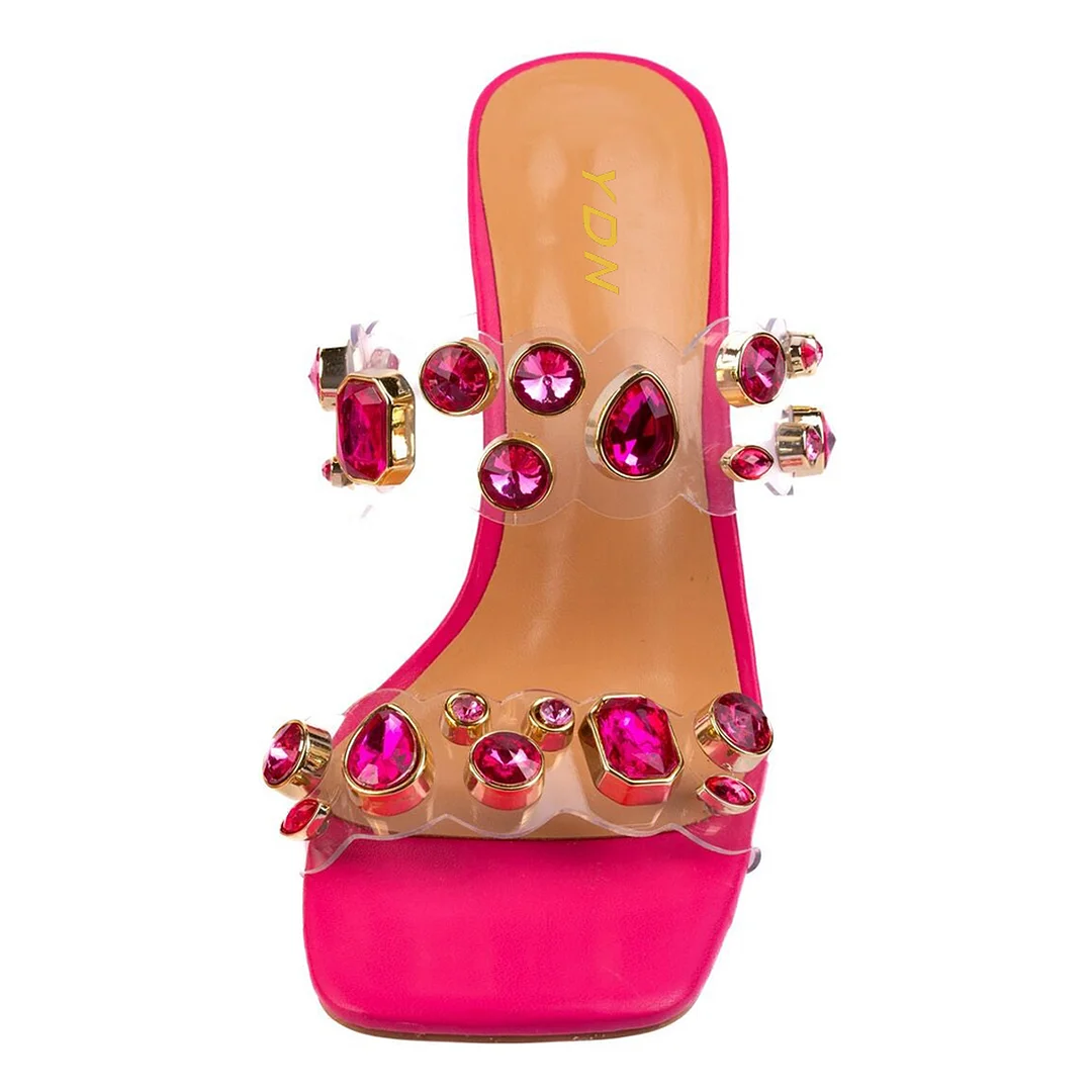 Hot Pink Vegan Leather Square Toe Mules with Colorful Decorative Heels