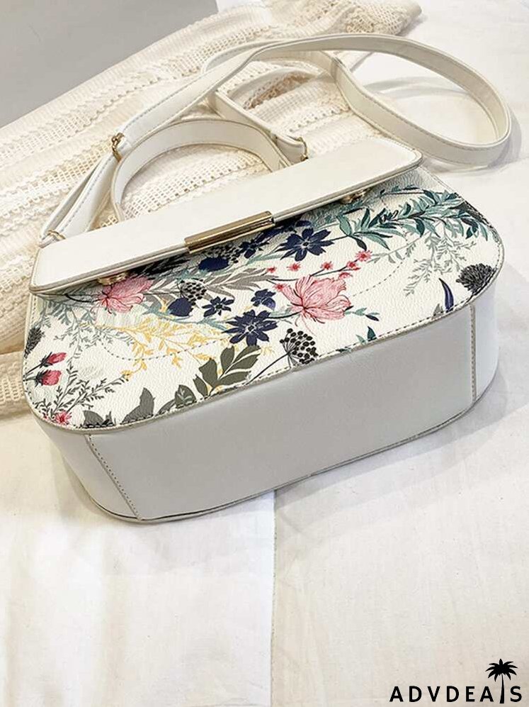 Floral Metal Decor Flap Satchel Bag