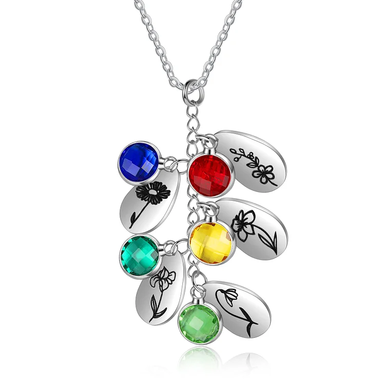 Personalized Birth Flower Necklace with 5 Birthstones Charm Necklace for Family