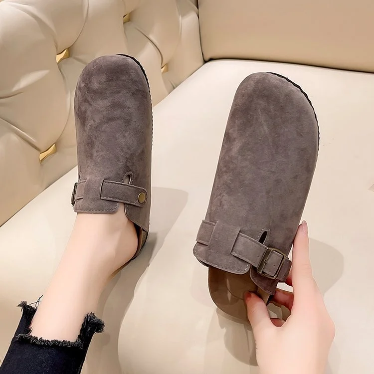 Yyvonne Size 35-45 Vintage Women's Shoes One Foot Flat Bottom Bag Head Half Slippers Women's Summer Wear Round Head Belt Buckle Cool Drag