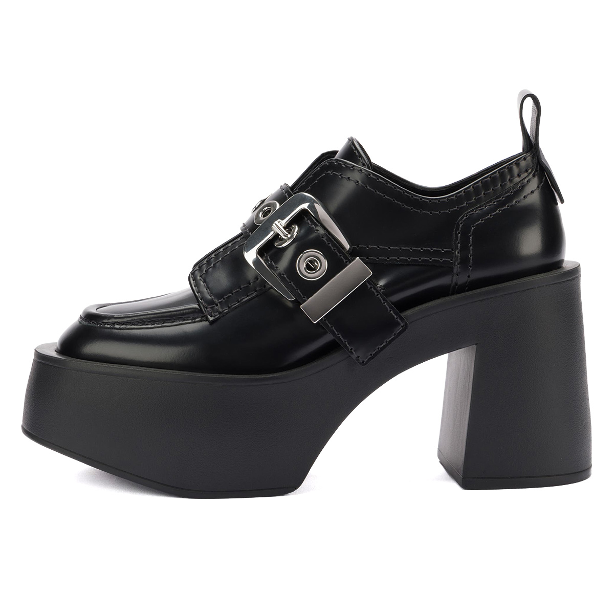 Black Round Toe Block Heel Platform Oxfords with Buckle Strap Nicepairs