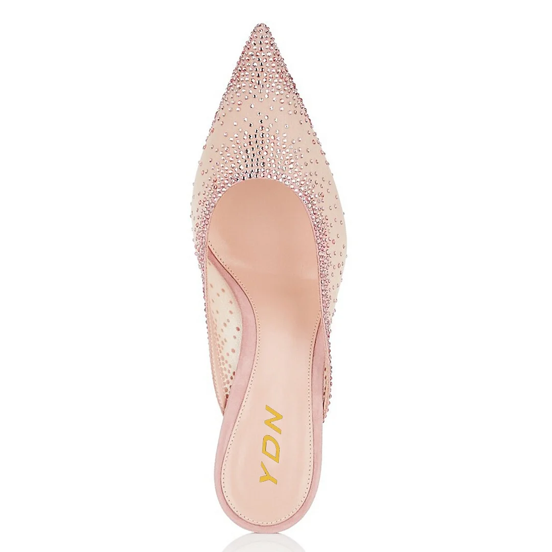 Pink Mesh Pointed Toe Rhinestone Embellished High Heel Mules