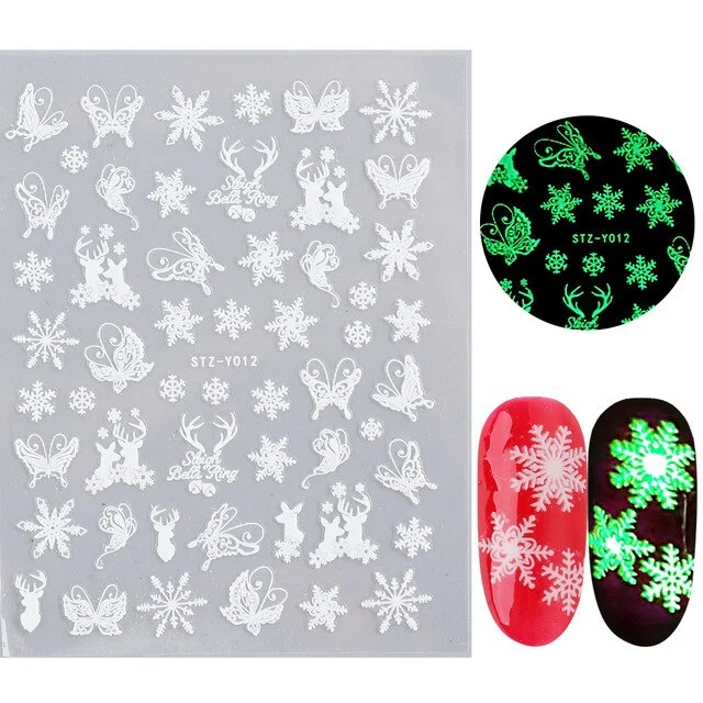 Nail Stickers Back Glue Fluorescent Light Christmas Snowflake Animal 3D Designs Nail Decal Decoration Tips For Beauty Salons-Nail Inspo