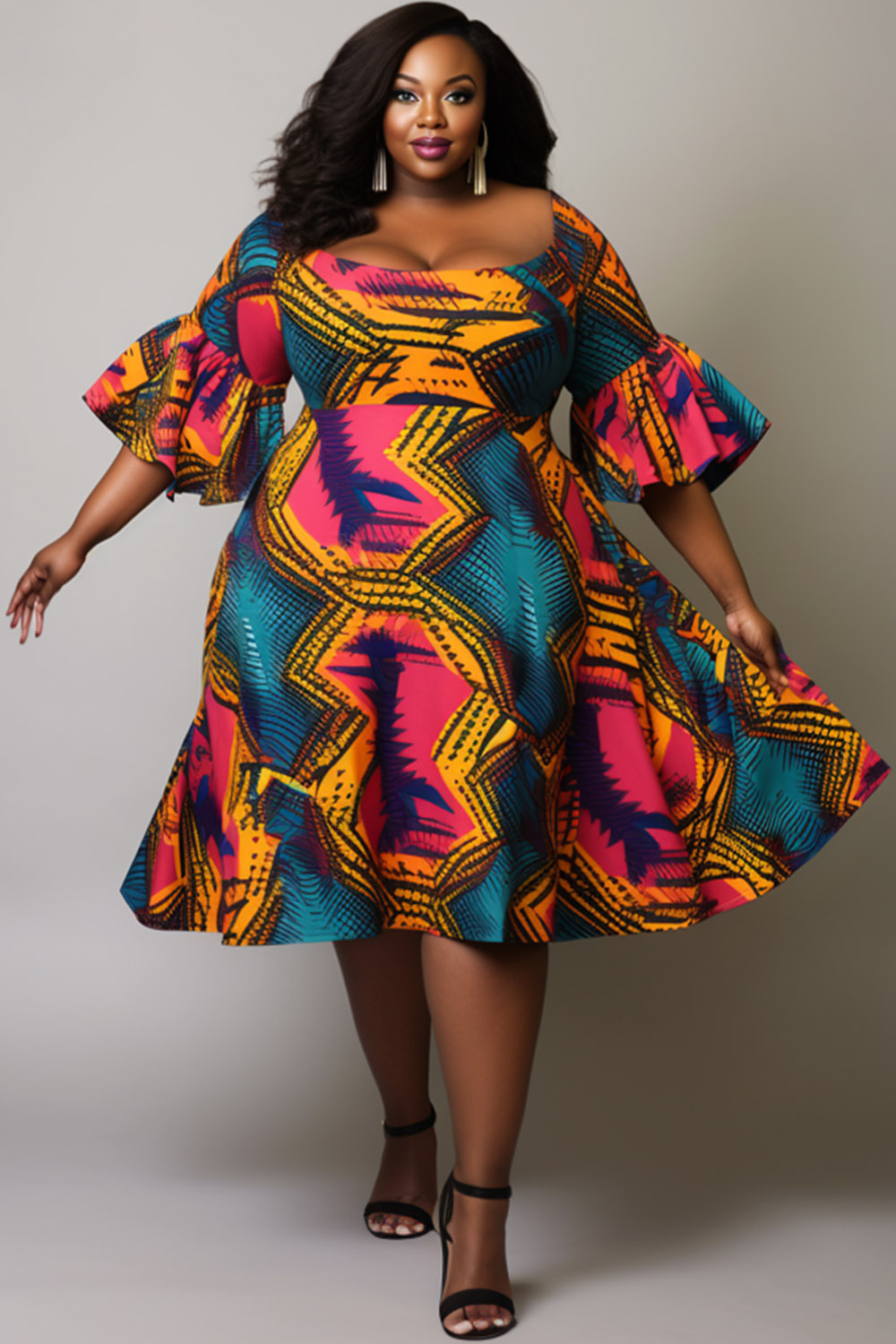 Design Plus Size Daily Multicolor Ankara Square Neck Flare Half Sleeve Knitted Midi Dresses [Pre-Order]