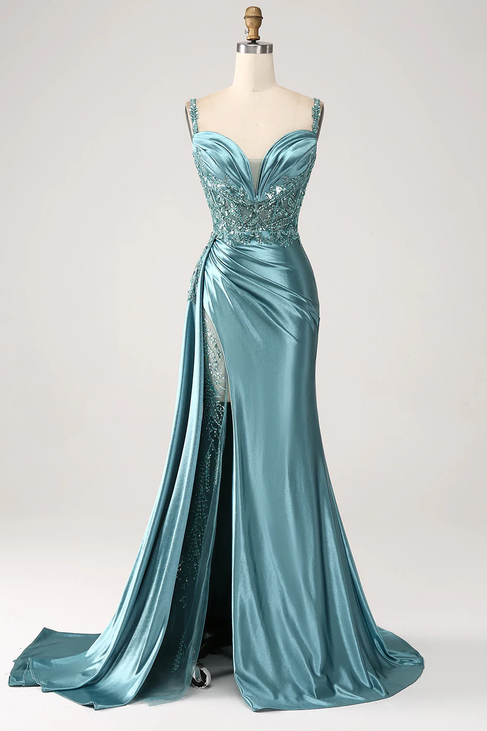 Blue Mermaid Long Spaghetti Strap Prom Dress with Slit YU0025