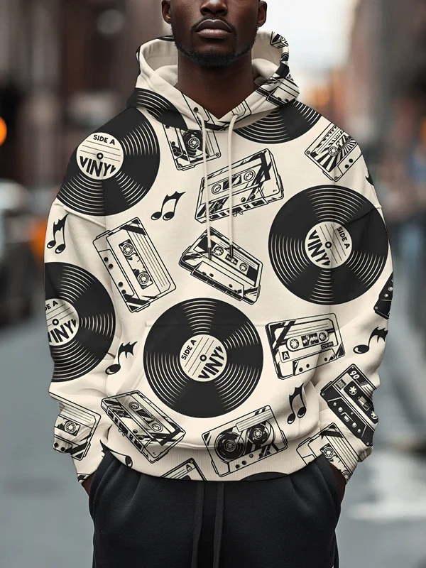 Men's Retro Record Cassette Tape Art Print Hooded Sweatshirt