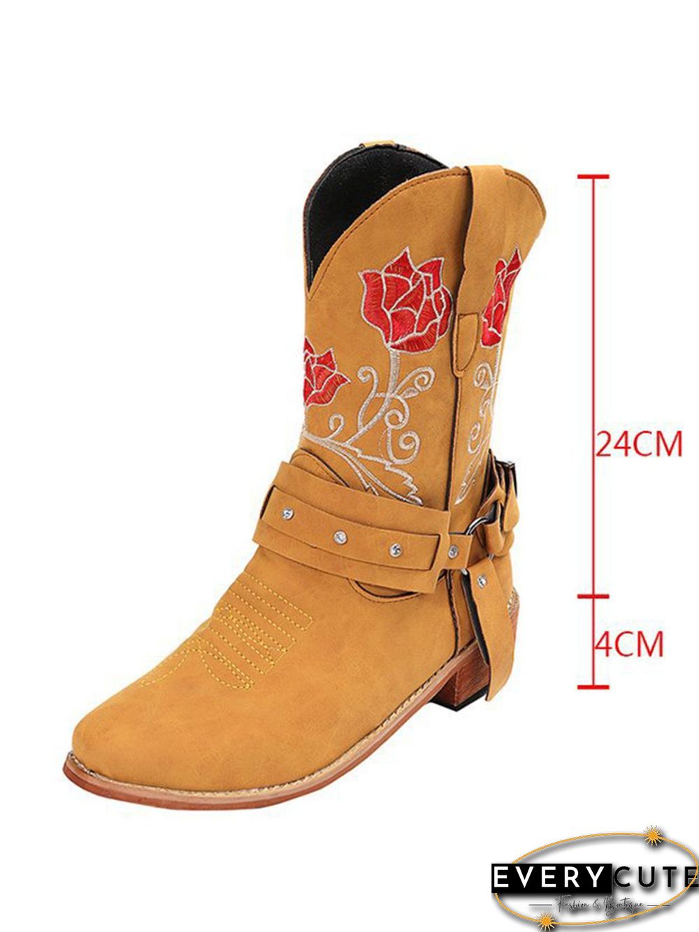 Vintage Floral Embroidered Sleeve Pointed Toe Chunky Heel Cowboy Boots