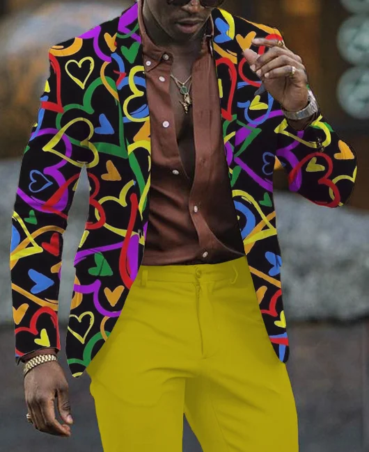 Party Single Breasted Colorful Love Print Lapel Collar Blazer Okaywear