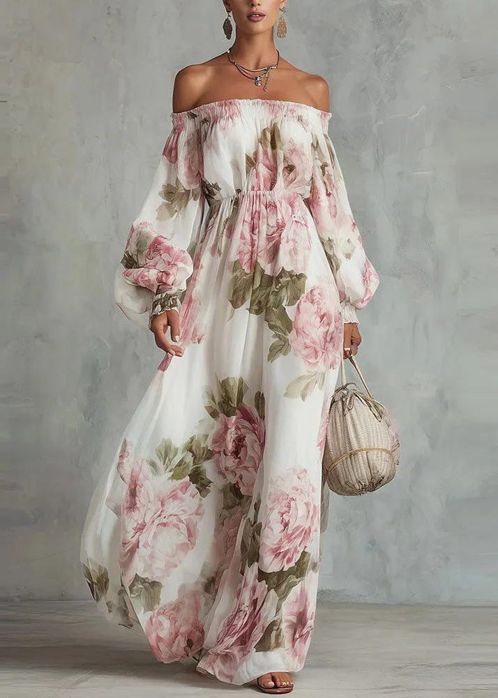 Elegant White Slash Neck Print Chiffon Maxi Dress Lantern Sleeve Summer