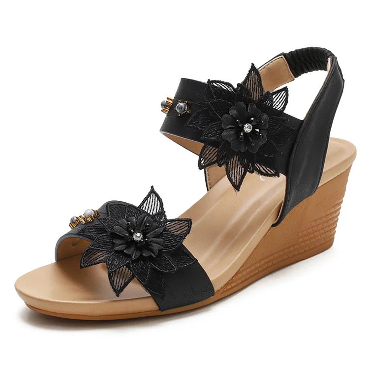 Casual Black Flower Pearl Sloping Heel Sandals  Flycurvy [product_label]