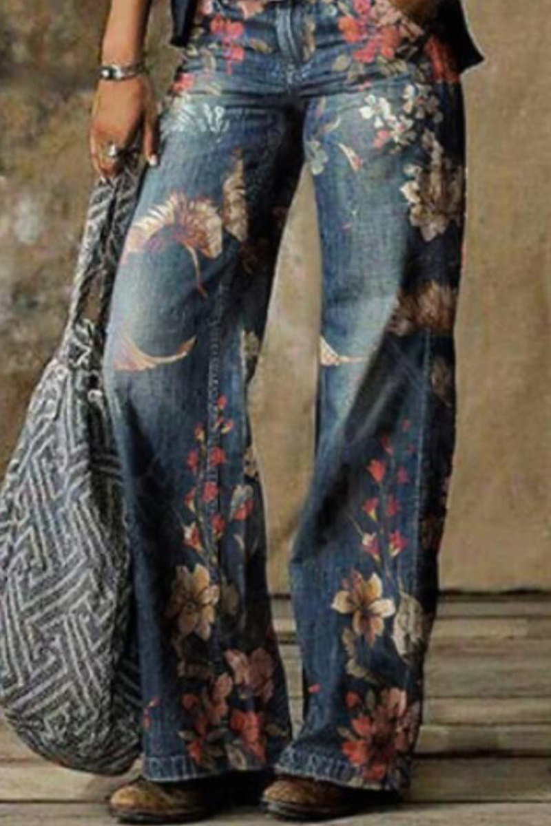 Casual Print Patchwork Boot Cut Denim Jeans