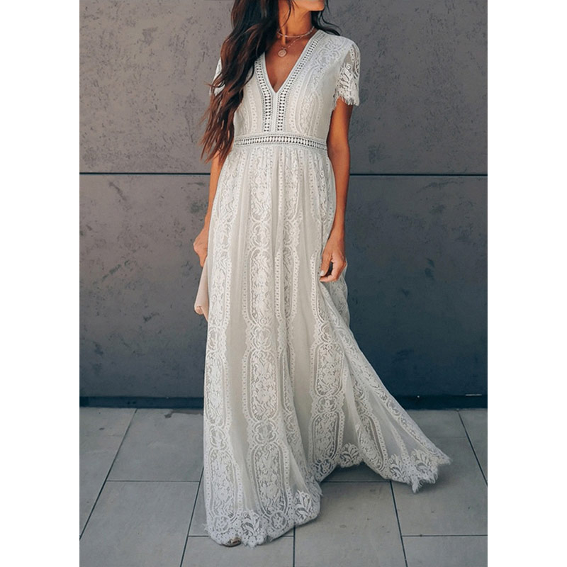 Lace Sexy V Neck Hollow Floral Yarn Party Bohemian Fashion Maxi Dress