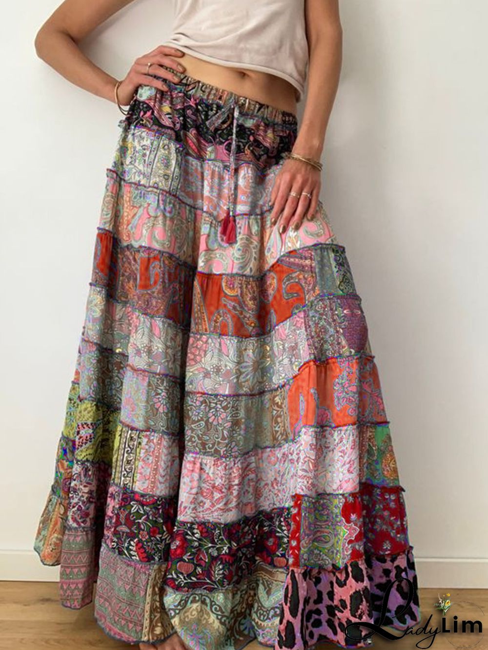 Bohemian Patchwork Elastic Waist Big Swing Maxi Tiered Skirt