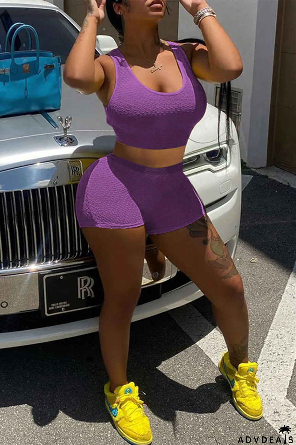 Yellow Fashion Casual Solid Basic U Neck Sleeveless Two Pieces