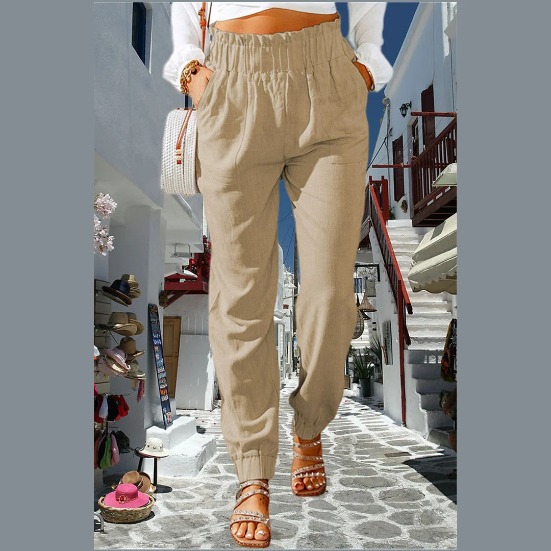 Women's Pants Pocket Solid Color Elastic Ruffle High Waist Loose Casual Pants