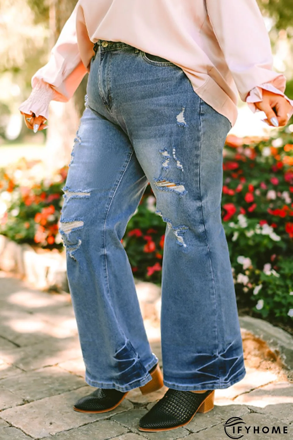 Sky Blue Plus Size Distressed Flare Jeans | IFYHOME