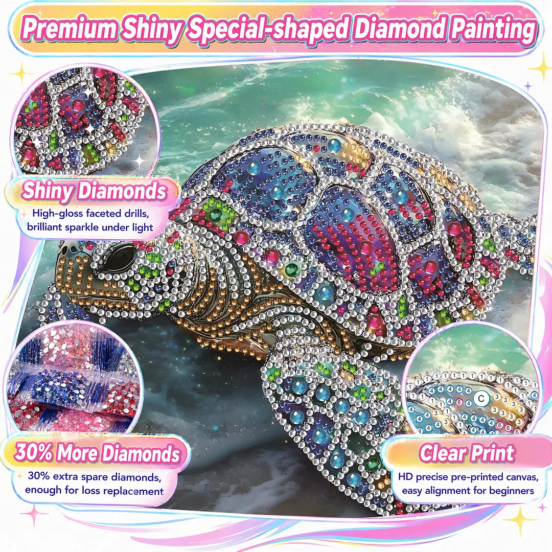 Beach Shimmering Beaded Turtle Special Shaped 5D DIY Partial Drill Diamond Painting Kits for Adults Beginners Home Decor Diamonds Dots Gem Art Kits 11.81 X11.81inch