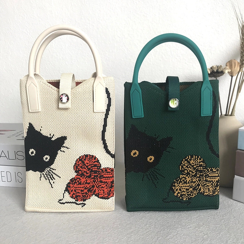 Niche Design Cute Cat Mini Knitted Phone Bag Women’s Portable Knitted Shoulder Crossbody Bag Small Square Bag