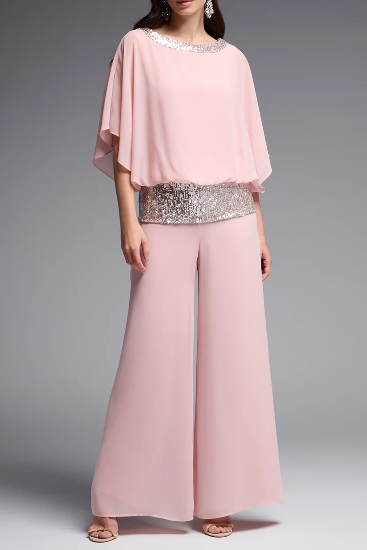 Flycurvy Plus Size Mother Of The Bride Pink Chiffon Sparkly Sequin Two Piece Pant Suit