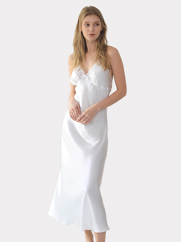 Plain Color Elegant Long Silk Lace Nightgown