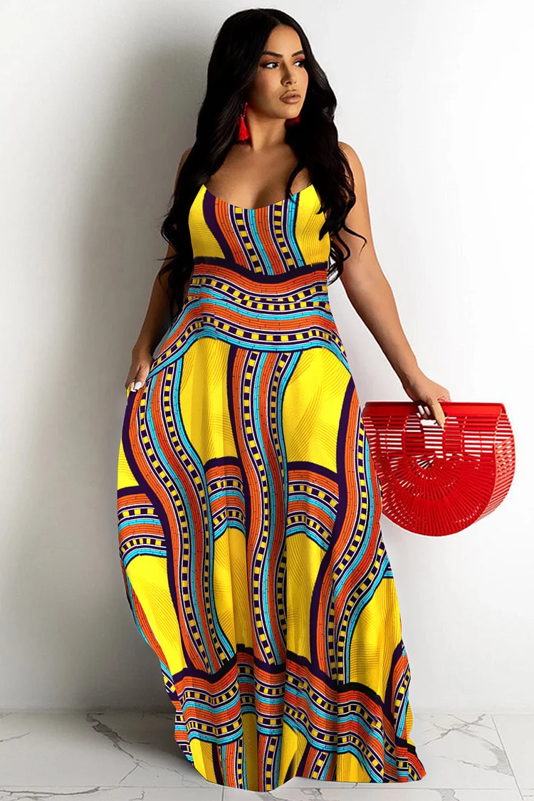 Xpluswear Design Plus Size Vacation Yellow African V Neck Ankara Cami Pocket Sundress Maxi Dresses 